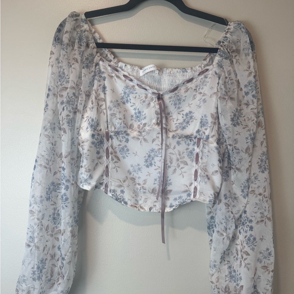 Altar'd State Gray and Pink Ruffled Crop Blouse